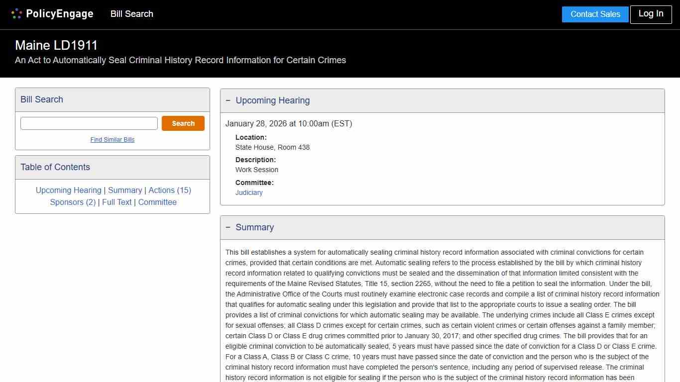 LD1911 Maine 2025-2026 An Act to Automatically Seal Criminal History Record Information for Certain Crimes - Legislative Tracking PolicyEngage